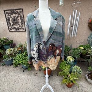 RARE Vintage Painted Pony Horse Print Tapestry Western Style Blazer Jacket